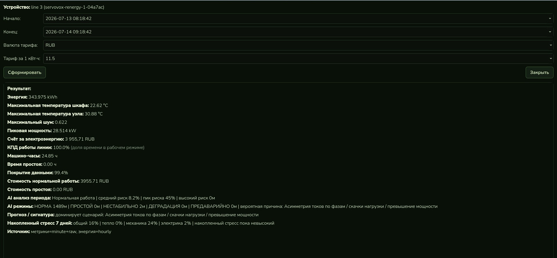 SERVOVOX Terminal — отчёт за выбранный период